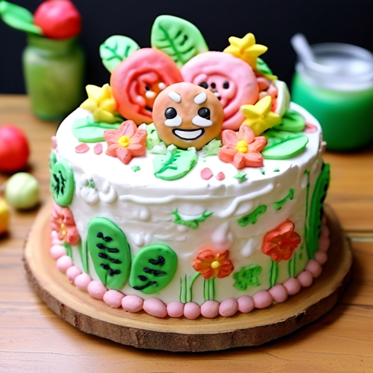 a cake with flowers and a smiley face